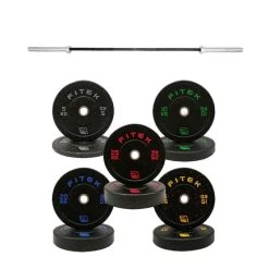 Fitek 20kg Olympic Barbell And Fitek 150kg Bumper Plate Package With Free Barbell Lock Collars
