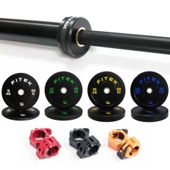 FITEK 100kg Bumper Plate Set + 20Kg Black Elite Barbell + Lock Collars