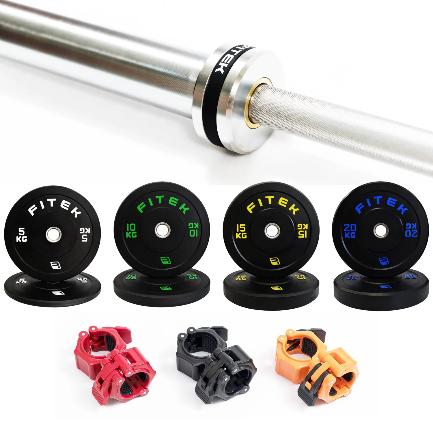 FITEK 100kg Bumper Plate Set + 20Kg Hard Chrome Elite Barbell + Lock Collars 3 FITEK 100kg Bumper Plate Set + 20Kg Hard Chrome Elite Barbell + Lock Collars